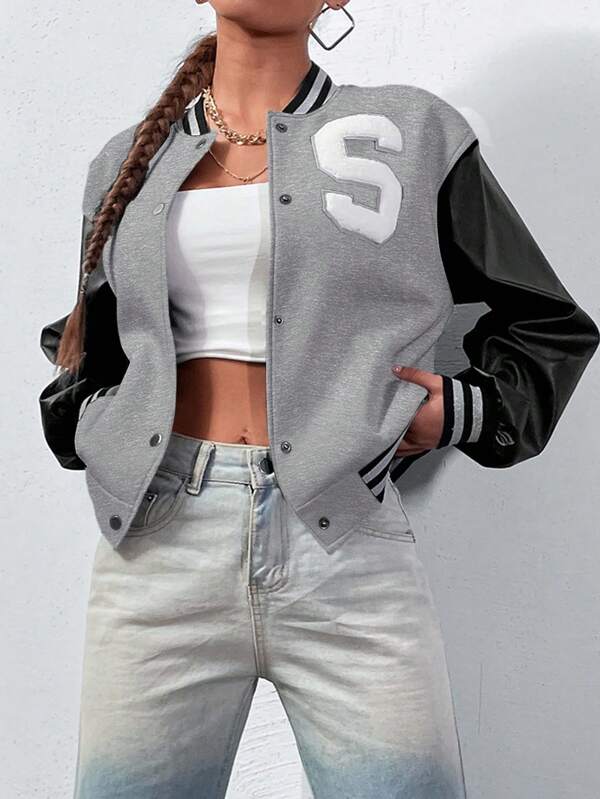 Flirla Casual Color Block Letter Graphic Bomber Jacket Fall Winter Cloth For Women