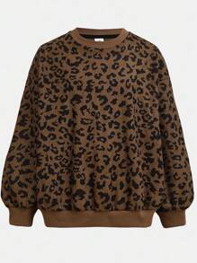 Girlism 少女休闲豹纹拉链长袖卫衣/万圣节、荧光色、秋季、冬季 - 咖啡棕 - 查看 3