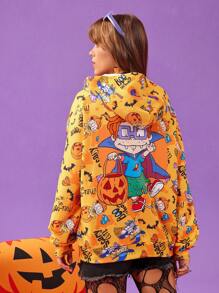 Nick 90s | SHEIN 女士休闲日常万圣节卡通图案连帽衫 - 橘色 - 查看 5
