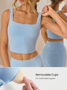 GLOWMODE FeatherFit™ Ribbed Flex Soft Square Neck Sports Bra Low Impact Yoga Pilates Studio Daily Casual Wear Removable Cups Fall Winter - Baby Blue - View 4