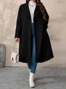 SHEIN Tall CURVE 大码女式纯色翻领长袖休闲羊毛长大衣，秋冬 - 黑色 - 查看 5