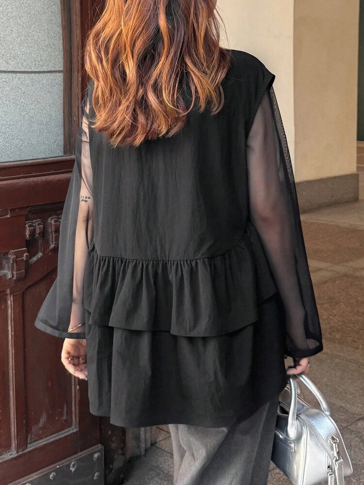 FRIFUL Women's Loose Fit Round Neck Layered Ruffle Hem Splice Casual Blouse, Autumn - Black - View 5