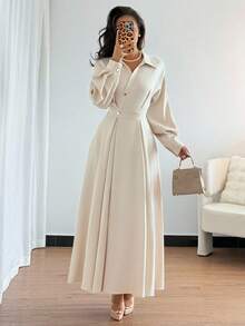 Rafferiza Women's Turndown Collar Dropped Shoulder Long Sleeve Waist Flared Dress, Suitable For Outings, Vacations, Holidays, And Travels Fall Cloth For Women Long Sleeve Elegant Dress - Apricot - View 4