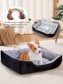 SHEIN 柔软舒适的狗床垫，配有随机咬绳，防滑底部，多种尺寸 - 填充聚酯纤维，骨头图案设计，带侧面的狗床，狗床，中型犬狗床，适合猫和小型犬的宠物床屋 - 黑色 - 查看 12