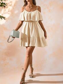 SHEIN Clasi Women's Elegant Romantic Solid Green Fabric Texture Ruffle Ruffle Hem Slip Dress, Spring/Summer Holiday,Summer Dresses For Women - Apricot - View 5