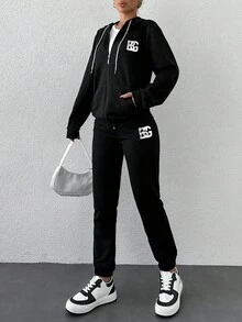EURMUSE Cotton Letter Graphic Zip Up Bomber Jacket & Drawstring Waist Sweatpants - Black - View 4