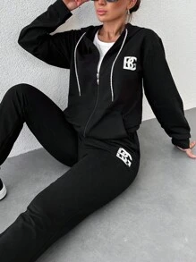 EURMUSE Cotton Letter Graphic Zip Up Bomber Jacket & Drawstring Waist Sweatpants - Black - View 6