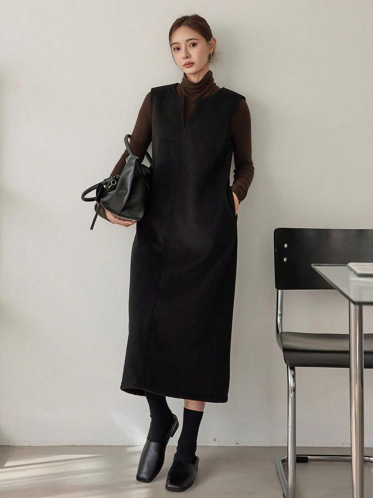 Women's Loose Business Casual Sleeveless Midi Dress, Suitable For Office Commute, Autumn/Winter