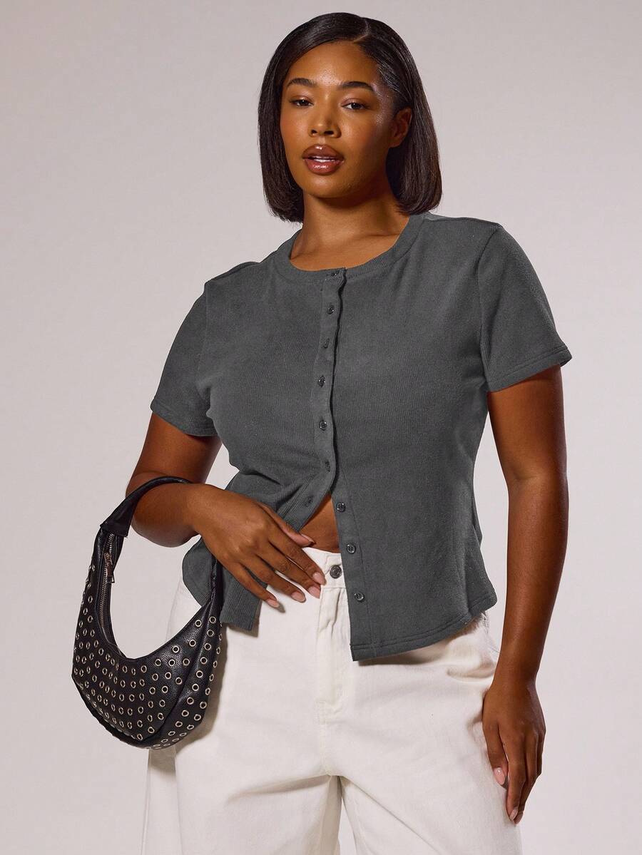 MUSERA Áo sơ mi tay ngắn ôm dáng, cài cúc, thanh lịch, sang trọng, thích hợp cho kỳ nghỉ, du lịch, dễ thương, lãng mạn, phong cách thập niên 90, Y2K, mùa xuân, hè, lễ Phục sinh. - Màu xám đen - Xem 1