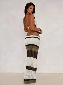 Aloruh 女士春夏新款钩针编织两件套，优雅性感度假风沙滩装，吊带露背短款上衣+超低腰镂空长裙，秋冬新款女士毛衣套装 - 咖啡棕 - 查看 3