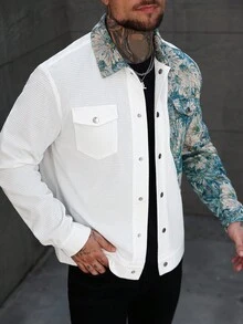 Manfinity CasualCool 男士花卉印花前扣口袋休闲长袖夹克，秋季 - 彩色 - 查看 1