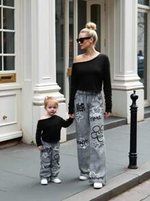 SHEIN 女宝宝秋冬新款时尚斜肩长袖卫衣和裤子两件套 - 黑色 - 查看 3