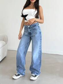 EURMUSE Low Waist Splashing Washed Straight Jeans Damen Hosen Damen Kleidung Y2k Damen Sommerkleidung Damen Sommerkleidung - Mittele Waschung - Übersicht 6