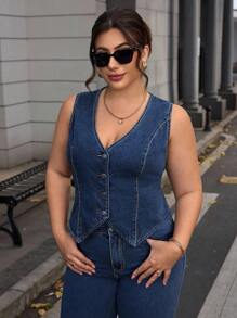 SHEIN Essnce Plus Size Denim Jacket, Minimalist Style Suitable For Summer - Navy Blue - View 1