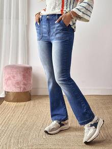 EMERY ROSE Quần Jeans Nữ Ống Loe Túi Đa Năng Thường Ngày - Màu xanh lam - Xem 3