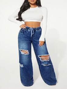 SHEIN SXY Große Größen Lässig Verwaschen Destroyed Weite Bein Jeans