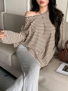 DAZY 女士宽松休闲条纹拼色长袖T恤，基本款长款上衣，适合秋季、春季和夏季 - 巧克力棕 - 查看 4