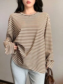 DAZY 女士宽松休闲条纹拼色长袖T恤，基本款长款上衣，适合秋季、春季和夏季 - 巧克力棕 - 查看 8