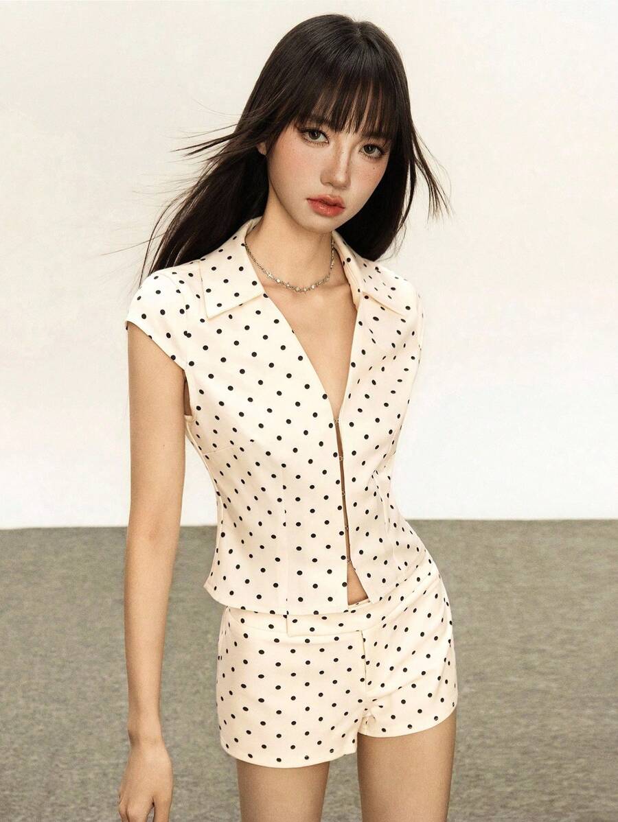 Rina Fox 女士杏色波尔卡圆点 Y2K 休闲衬衫和短裤套装，春夏 - 彩色 - 查看 1