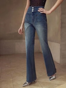 MOTF PREMIUM WOMEN'S VINTAGE HIGH WAIST WASHED FLARE LEG JEANS, AUTUMN - Blue - View 4