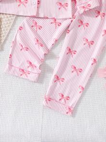 SHEIN Bộ đồ ngủ tay dài họa tiết nơ hồng dễ thương cho bé gái - Hồng - Xem 7