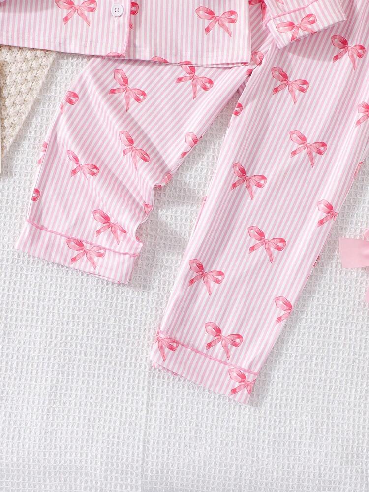 SHEIN Bộ đồ ngủ tay dài họa tiết nơ hồng dễ thương cho bé gái - Hồng - Xem 7