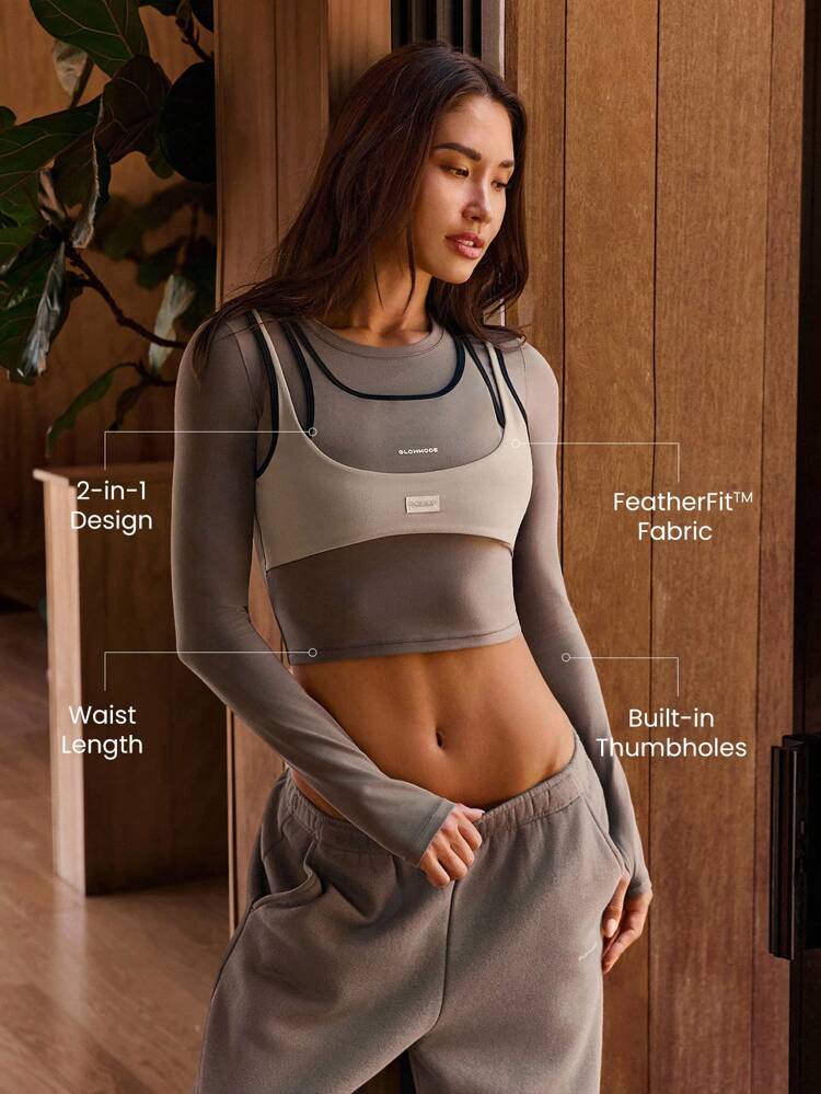 FeatherFit™ Camiseta de manga larga de 2 en 1 con contraste de color suave y elástico, ideal para yoga de bajo impacto, pilates, gimnasio y uso diario casual