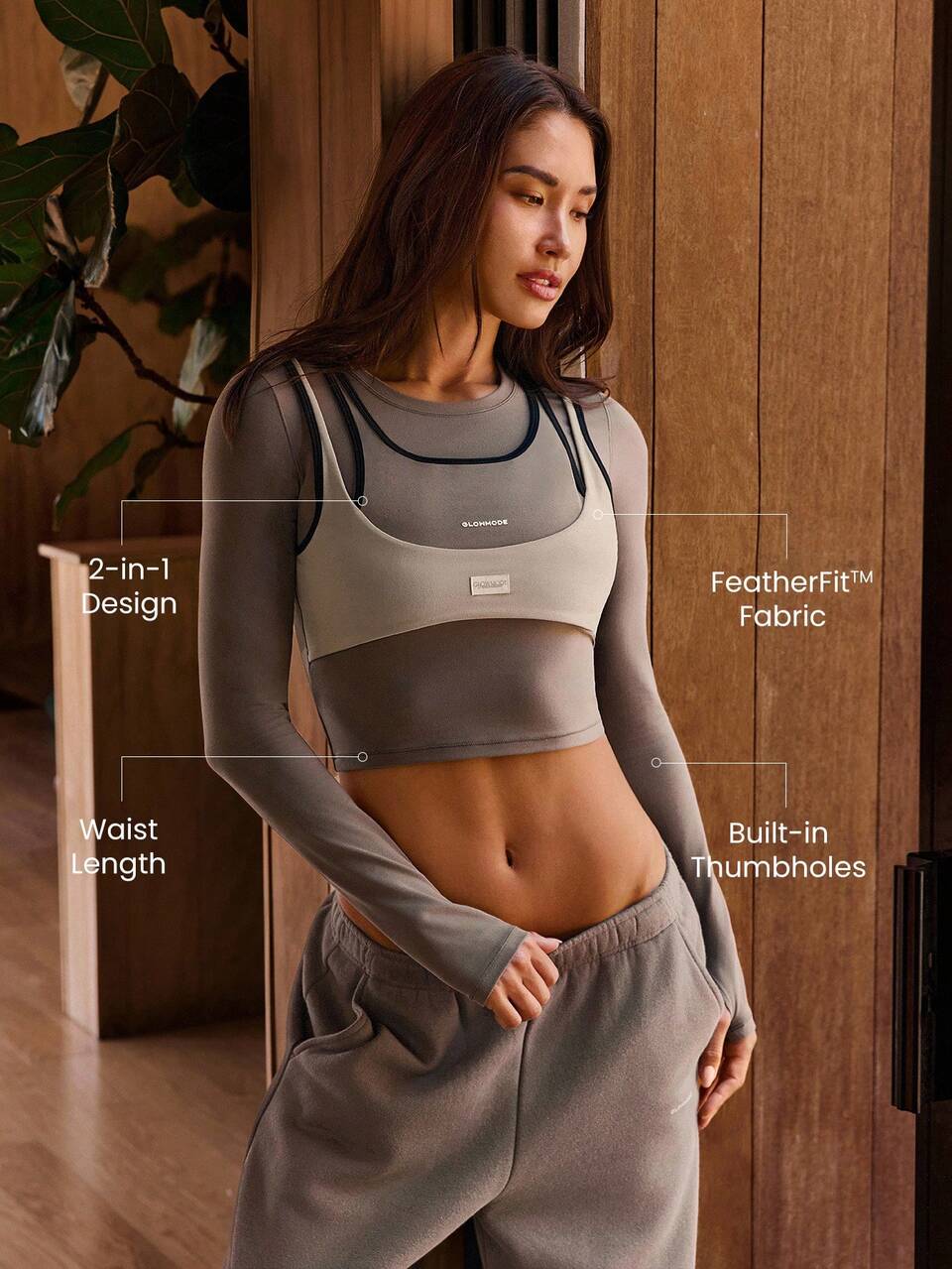 FeatherFit™ Camiseta de manga larga de 2 en 1 con contraste de color suave y elástico, ideal para yoga de bajo impacto, pilates, gimnasio y uso diario casual