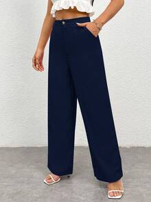 SHEIN PETITE Quần ống rộng màu trơn cho nữ - Màu xanh hải quân - Xem 3