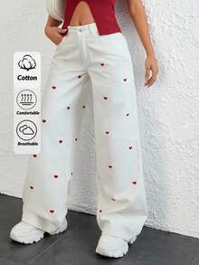 EURMUSE WOMEN WIDE LEG LOW WAIST HEART EMBROIDERY DETAIL JEANS - White - View 1