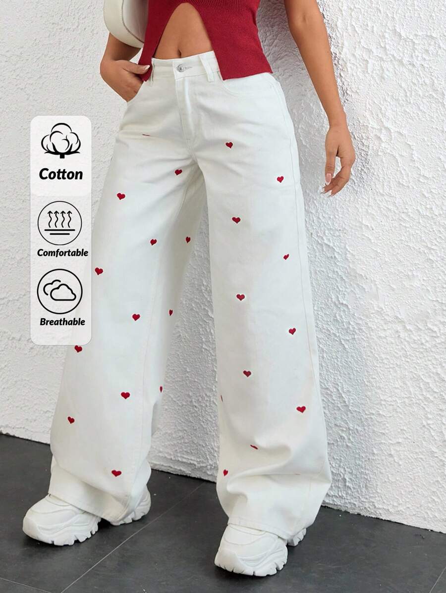 EURMUSE WOMEN WIDE LEG LOW WAIST HEART EMBROIDERY DETAIL JEANS - White - View 1