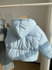 女童保暖连帽格子宽松棉服外套，适合寒冷的冬天 - 藍色 - 查看 2