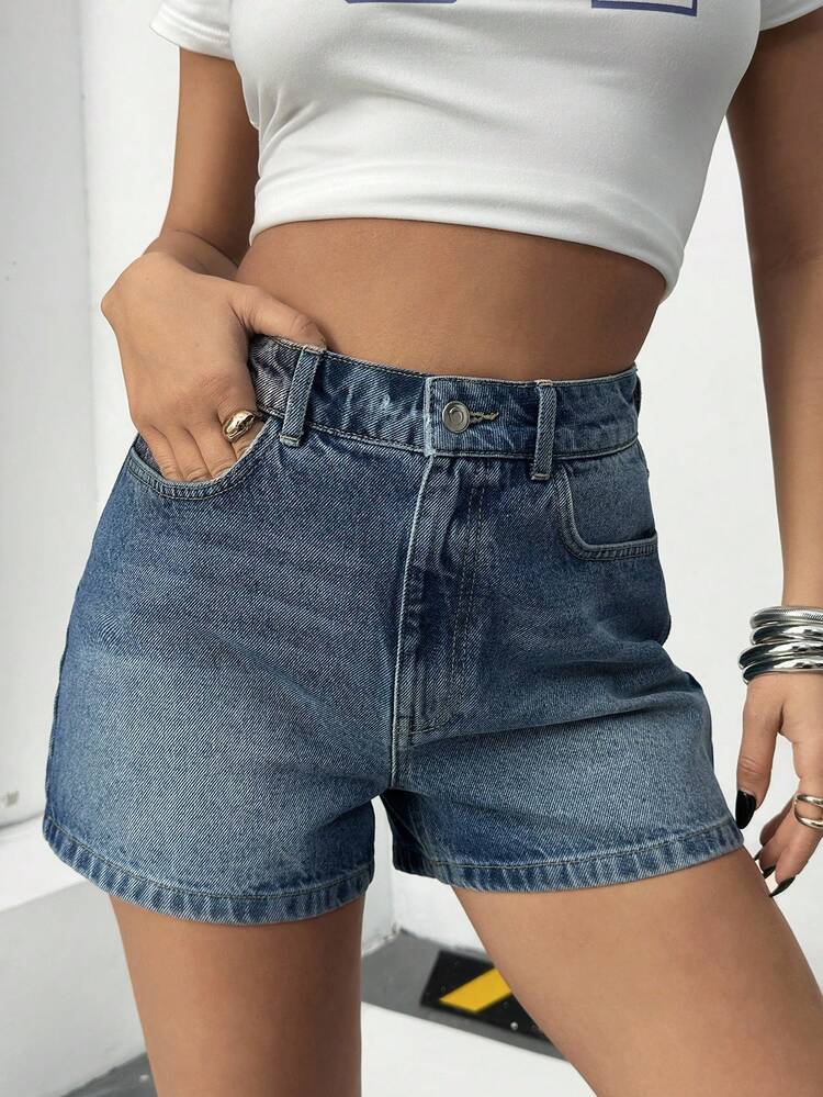 EURMUSE Damen Denim Shorts mit hoher Taille und Taschen, lässig und vielseitig einsetzbar - Mittele Waschung - Übersicht 3