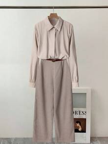 Franclia Conjunto de 2 piezas de top de manga larga y pantalones de unicolor minimalista para mujer, uso casual diario