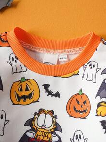 GARFIELD | SHEIN 2pcs Baby Boy Halloween Pumpkin, Ghost & Bat Graphic Crew Neck Long Sleeve Sweatshirt And Pants Knit Loose Fit Set