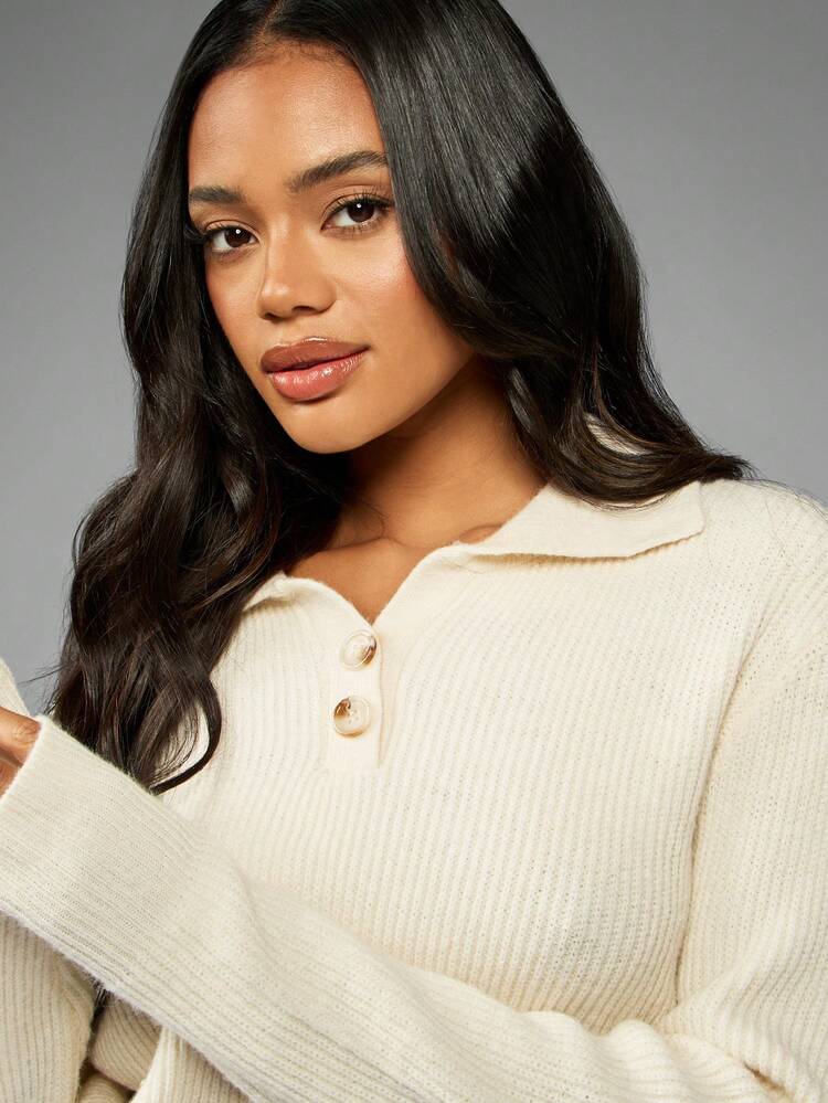 MISSGUIDED Collared Ribbed Knit Pullover Sweater Winter Button Long Sleeve Cozy Warm Casual Fall Holiday Cream Jumper
