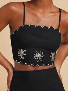 Travachic Conjunto de 2 piezas de top de camisola con dobladillo curvo y bordado floral, y minifalda - Negro - Ver 5