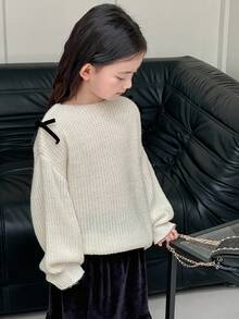 DAZY Young Girls Open Shoulder Bow Knit Sweater, Fresh Korean Style, Long Sleeve Fall,Winter - White - View 6