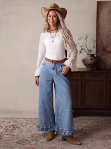 EMERY ROSE Women's Loose Casual Flared Jeans With Pockets And Ruffle Hem - Blue - View 6