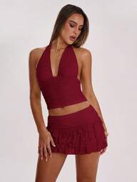 SHEIN BAE Women's Simple Solid Color Pleated Halter Backless Camisole, Summer,Red Top,Valentine's Day,Valentine Outfits For Women