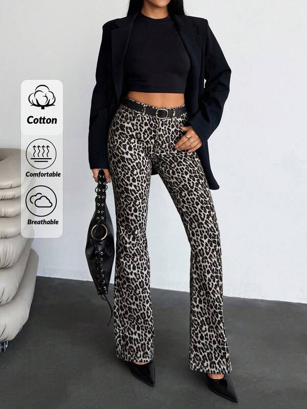EURMUSE Low Waist Leopard Print Elastic Flare Jeans Pants Leopard Pants Leopard Print Pants Women Clothing Pants Pants Outfits For Women