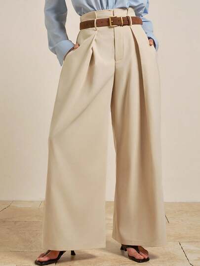 INAWLY 女士纯色百褶宽松直筒休闲裤，百搭