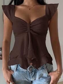 SHEIN EZwear 女士纹理针织荷叶边下摆甜心领泡泡袖优雅T恤，狂欢风荷叶边上衣棕色上衣女士巧克力棕色上衣 - 棕色 - 查看 4