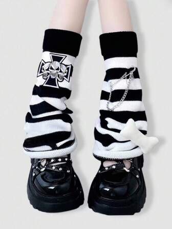 Anime 1 Paio di Calzini lunghi a righe bianche e nere con teschio, stile gotico sexy per Ognissanti per donne