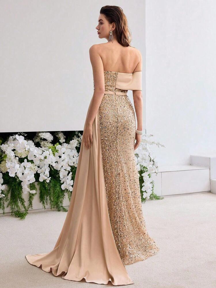 MOTF Soiréza GORGEOUS SPLIT THIGH DRAPED SIDE BEADED FORMAL DRESS EVENING GOWN