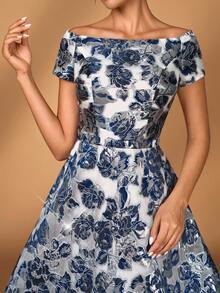 Serin 优雅奢华提花欧根纱露肩花卉长裙，适合婚礼、派对、度假、舞会、新娘和母亲的晚礼服 - 藏蓝色 - 查看 5