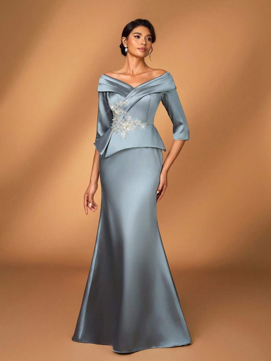 Serin Elegantes, luxuriöses Satin-Kleid mit Perlenstickerei und Spitze, Off-Shoulder Ärmel, Rüschen und Meerjungfrauenschnitt, geeignet für Hochzeiten, Partys, Urlaub, Galas, Konzerte, Abende, Brautmutterkleid