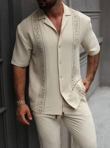 Manfinity Homme Herren Set aus Kurzarm Hemd mit Knittertextil und Muster sowie Hose mit Kordelzug und Gummibund, perfektes Geschenk für Freund oder Ehemann, vielseitig einsetzbar für Urlaub, Party, Lässig Wear, gemütliche Outfits - Aprikosenfarben - Übersicht 3