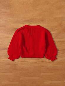 SHEIN 女宝宝休闲纯色灯笼袖开衫，秋冬 - 紅色 - 查看 2