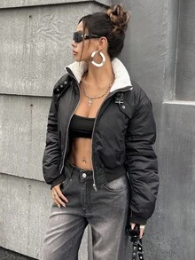 SHEIN ICON Chaqueta casual de invierno para mujer con estilo de motocicleta, cuello de piel sintética y parches - Negro - Ver 1